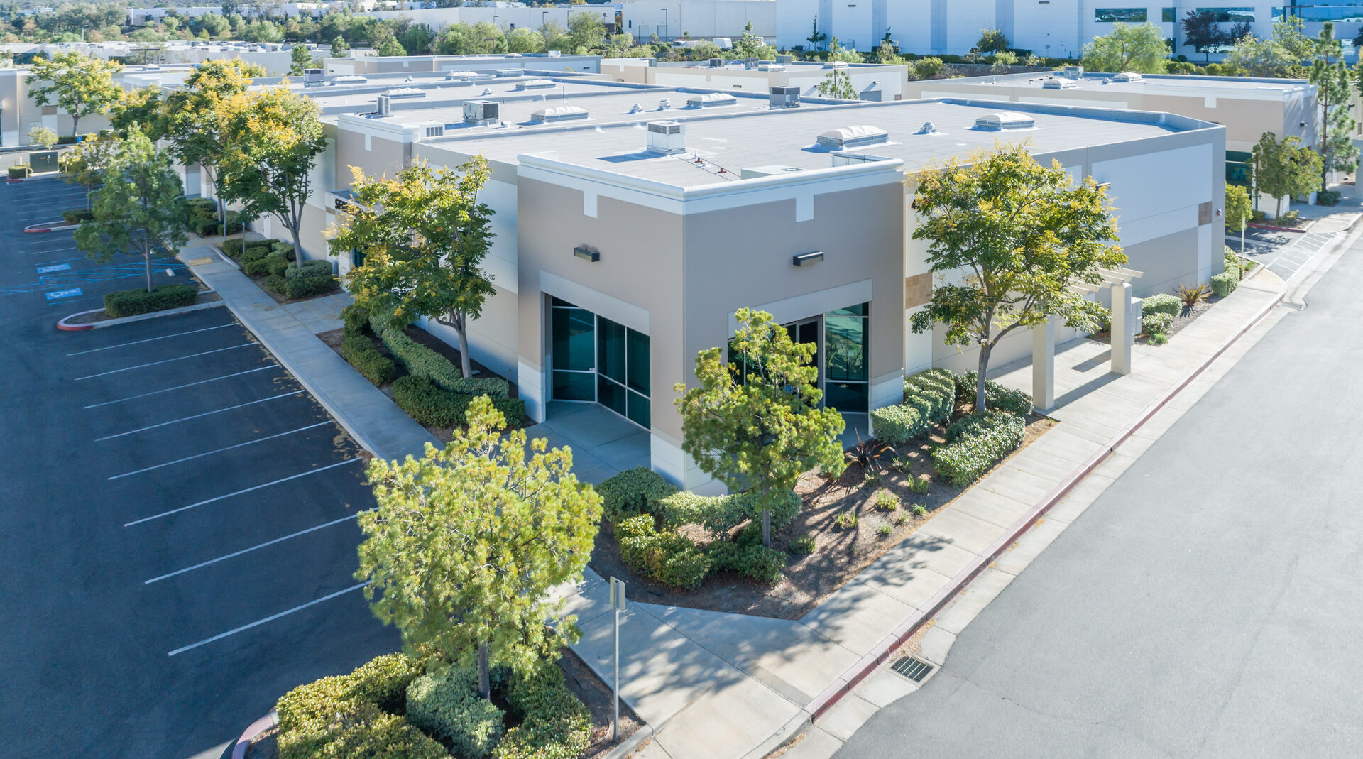 Commercial building exterior and parking area