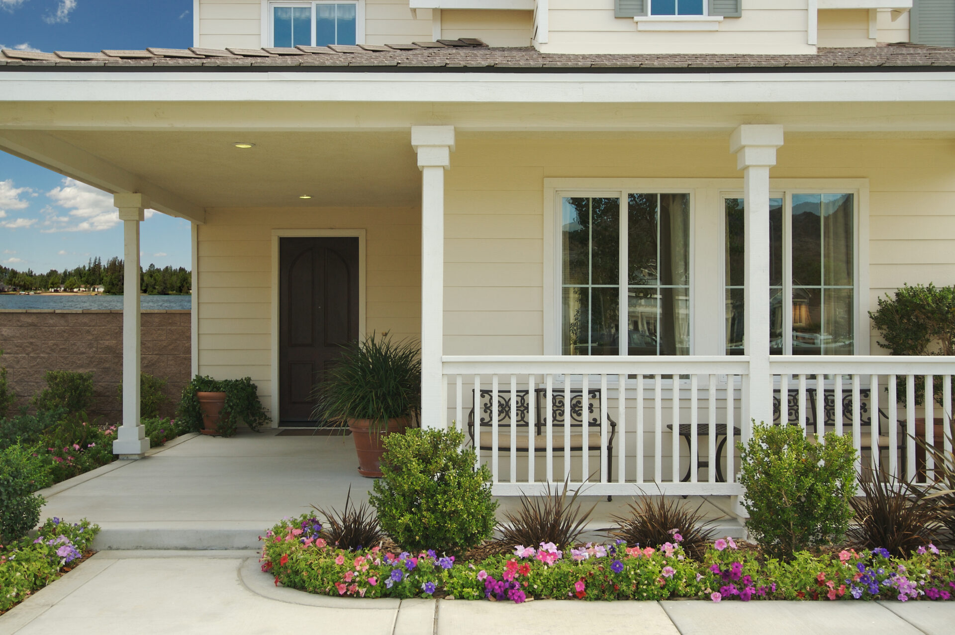Elegant home exterior with an inviting covered porch